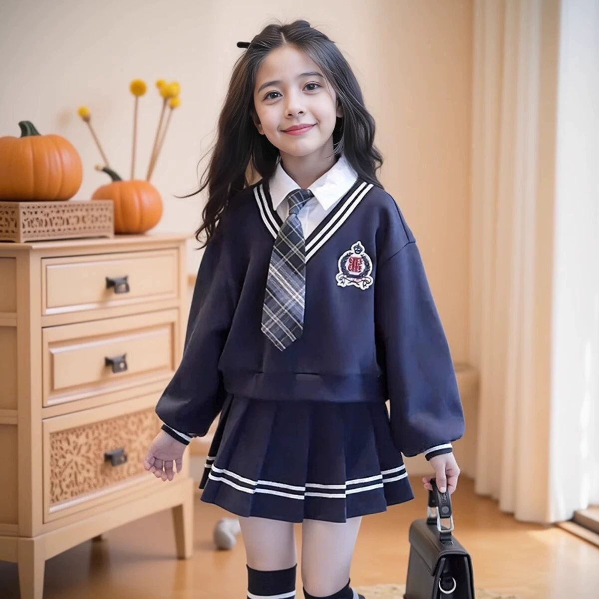 女童假两件套装裙子春秋2025新款春装儿童学院风女孩百褶裙两件套