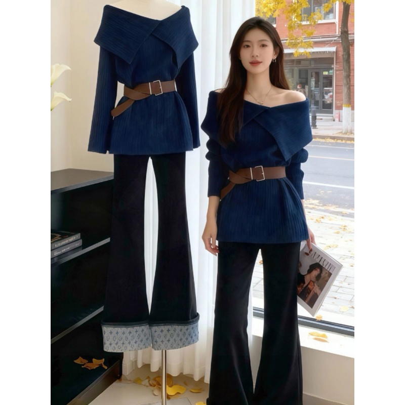 冬季温柔风一字肩翻领慵懒风中长款针织毛衣2025秋冬新款上衣女装