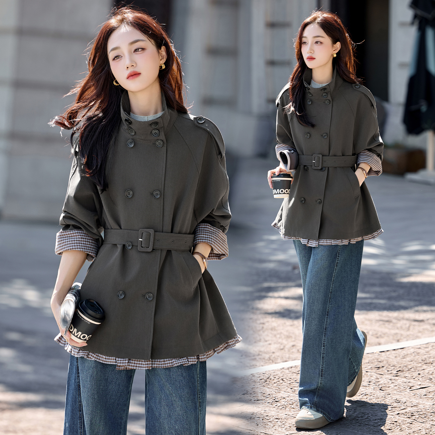 欧货2025秋季新时尚袖口格子拼接收腰显瘦中长款风衣外套女ins潮