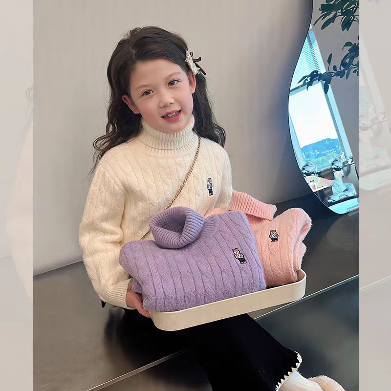 女童毛衣加厚儿童高领一体绒针织衫不起球保暖麻花套头纯色韩版