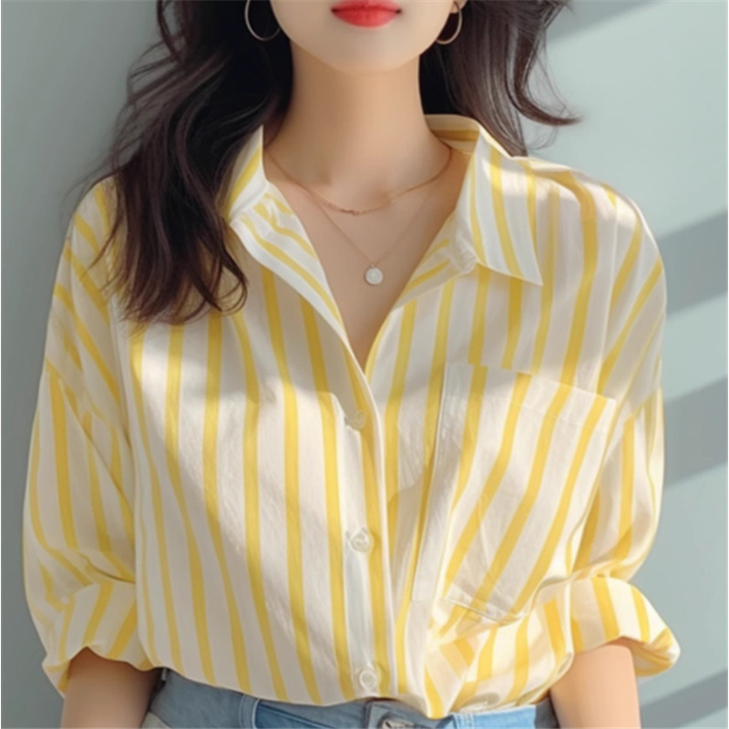 黄白色竖条纹衬衫女2025早春新款衬衣欧货洋气小衫爆款海边衫