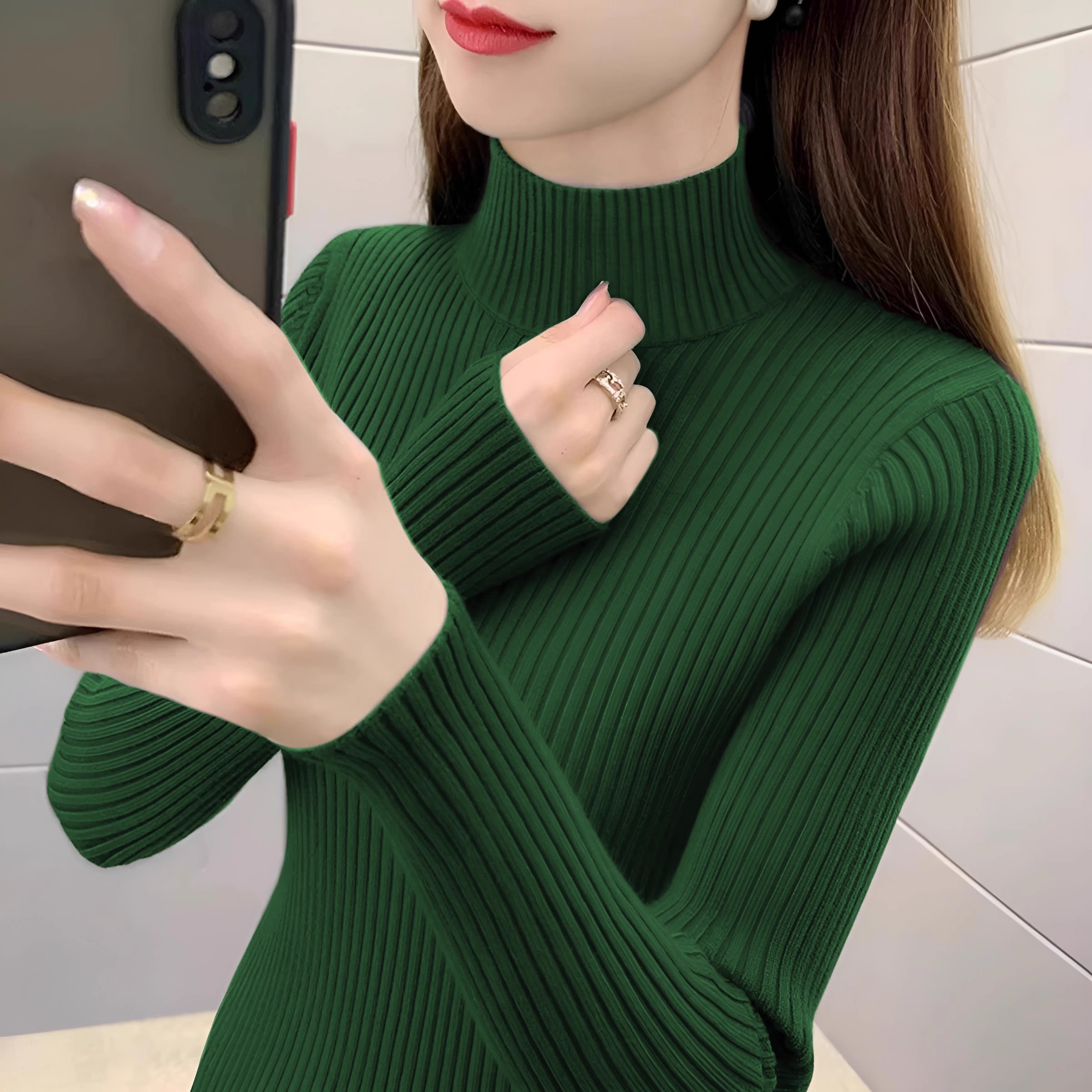 欧货绿色半高领毛衣女秋冬2025新款内搭打底衫高级感显瘦针织上衣