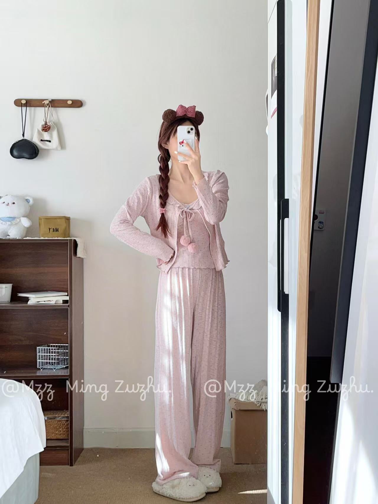 2025新款莫代尔睡衣女秋冬季甜心纯欲吊带三件套带胸垫甜美家居服