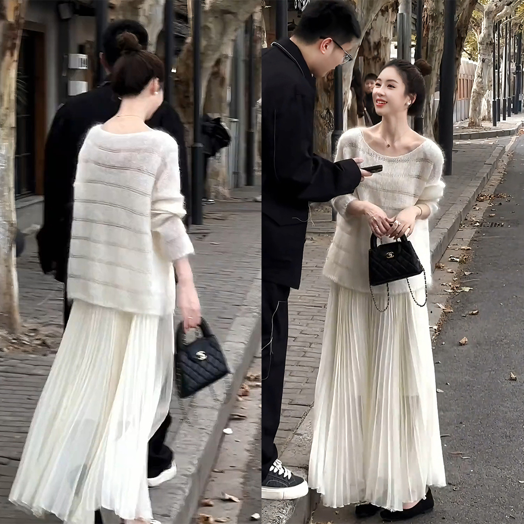 慵懒风气质软糯条纹针织上衣半裙女装2025秋冬新款休闲淑女风套装
