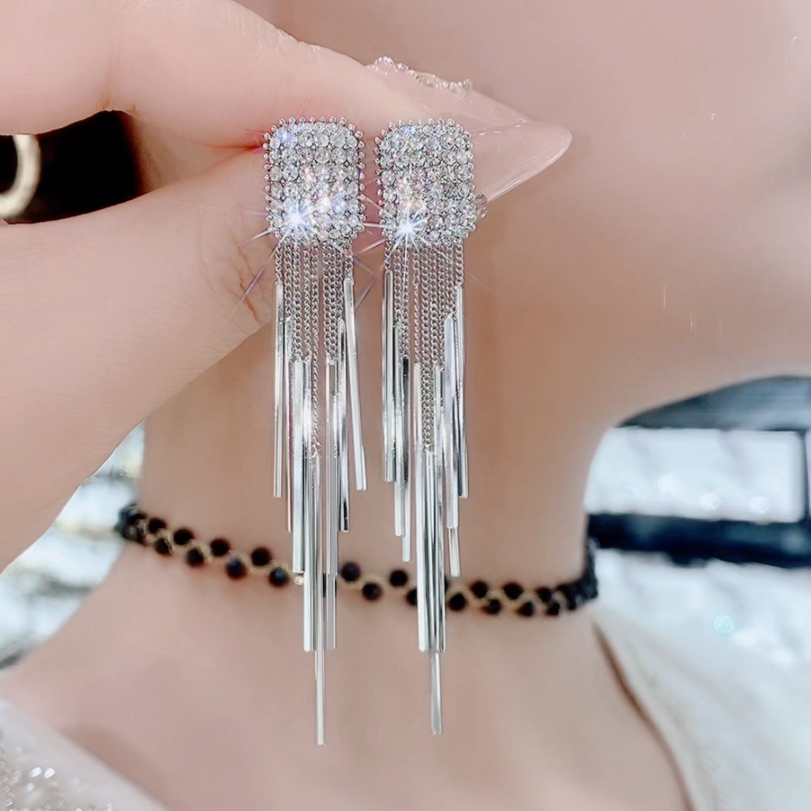 铜合金无非金属耳饰 132奢华气质时尚百搭韩版满钻长款耳环