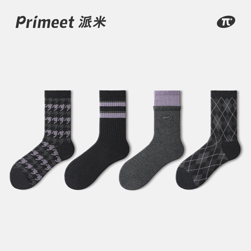 primeet派米羊毛袜子女秋冬中筒袜菱格堆堆袜加厚保暖黑色长筒袜
