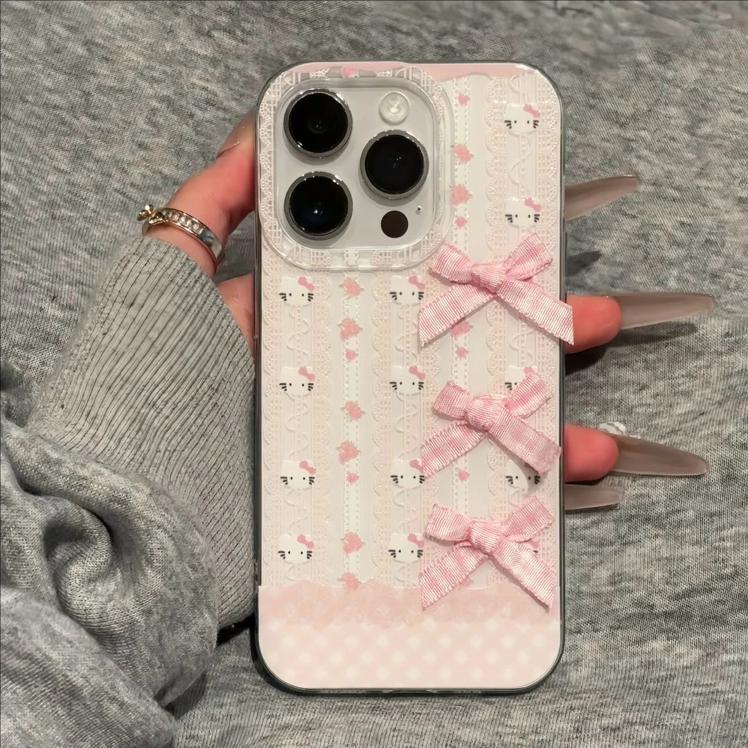 粉白蝴蝶结蕾丝凯蒂猫适用苹果15/16手机壳卡通小米14/15韩系ins