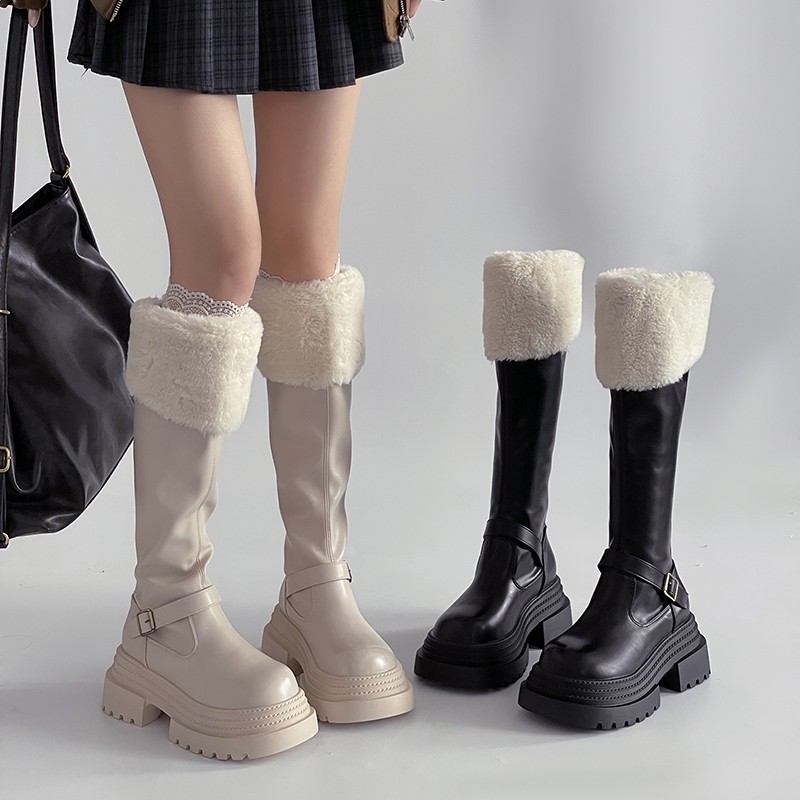 复古英伦风粗跟厚底长筒靴女2025新款气质秋冬季显瘦长靴骑士棉靴