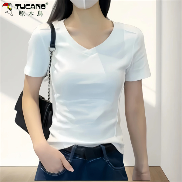 【啄木鳥】2025春季新款打底衫显瘦洋气百搭v领T恤气质短袖女上衣