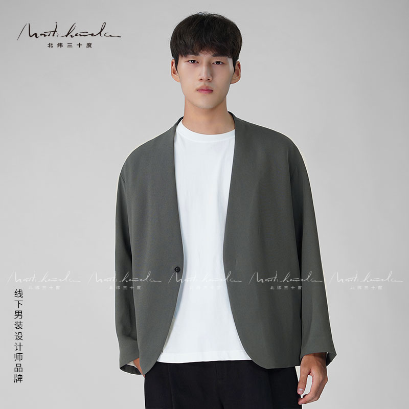 北纬三十度醋酸无领西装休闲商务男士2025春秋季舒适懒人西服外套