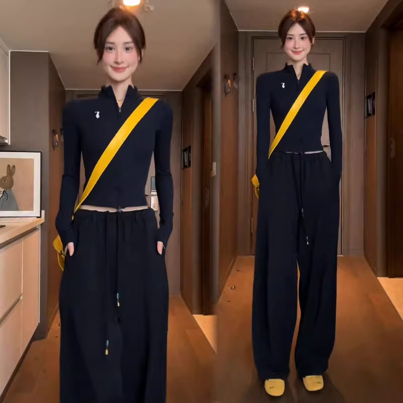 时尚休闲套装女2025秋季新款时髦洋气拉链立领上衣阔腿裤两件套潮