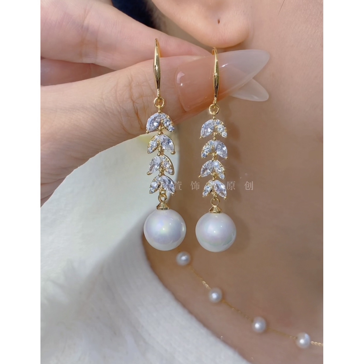 铜合金无非金属耳饰 麦穗珠珠时尚气质百搭高级感手工耳环0498