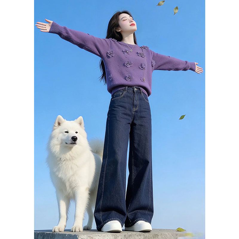 兹伊翰【紫雾缭绕】立体花朵针织衫女士2025秋冬新款百搭慵懒风毛衣