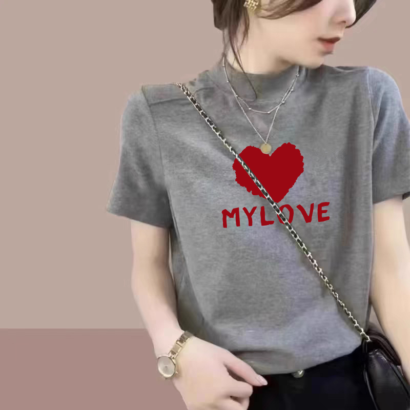 大码胖mm韩版简约半高领短袖T恤女士夏季纯欲风辣妹修身显瘦上衣