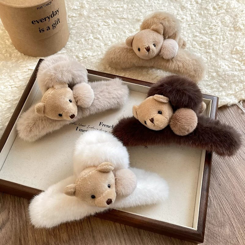 可爱小熊毛绒抓夹大号女秋冬后脑勺高级感头饰发夹鲨鱼夹发饰