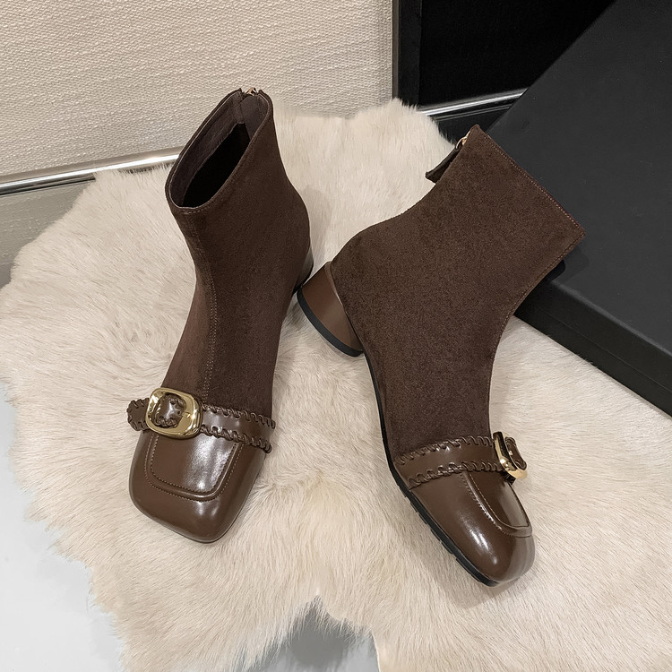 牛皮+羊皮~3cm秋冬新款复古棕色方头粗跟真皮短靴女法式短筒裸靴