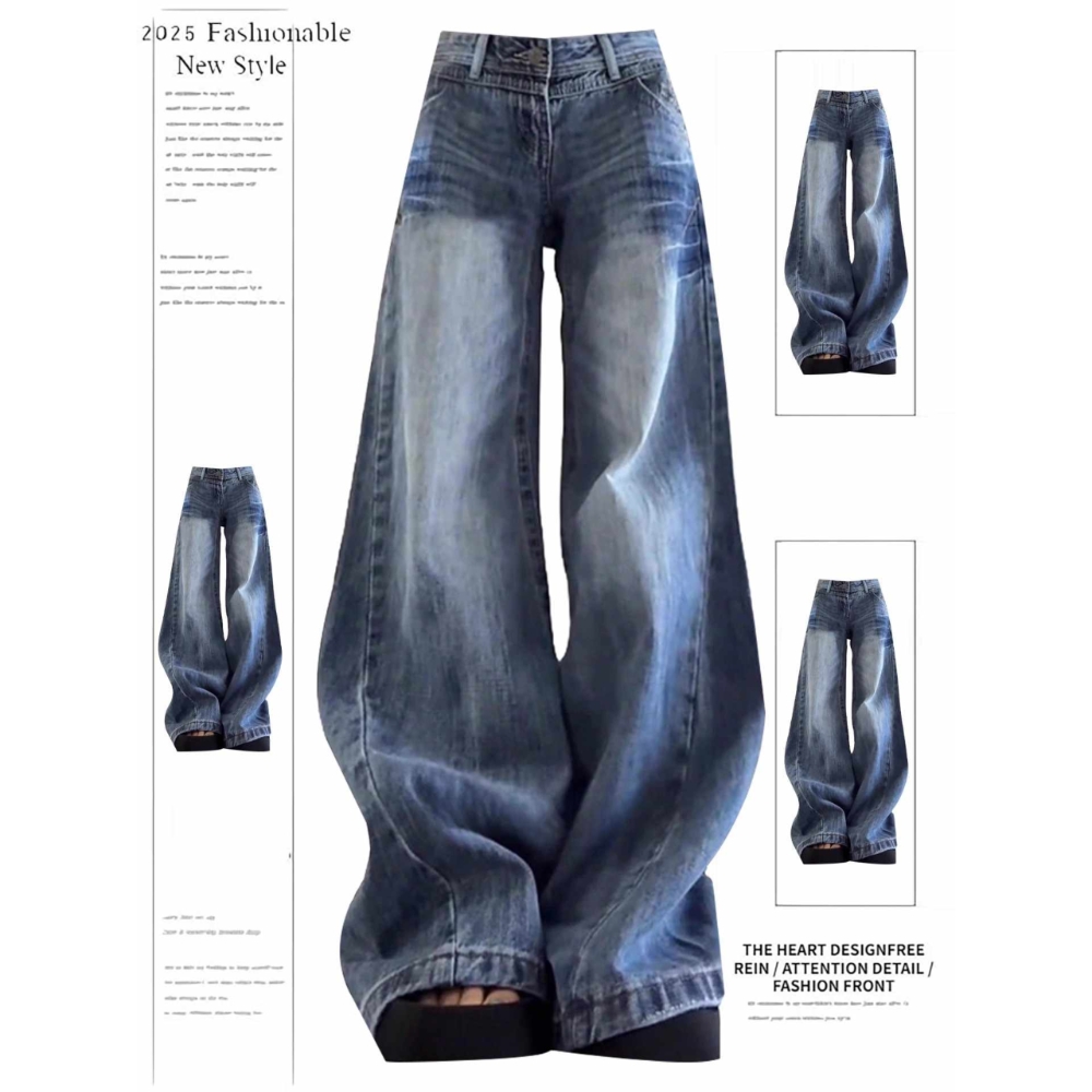 美式复古设计感水洗牛仔裤女2025秋季新款低腰款做旧宽松阔腿裤子