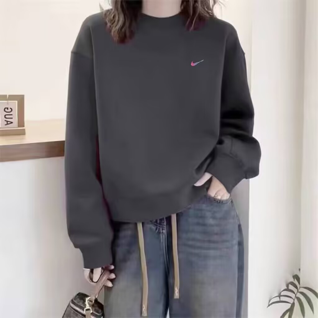 奥特莱斯官方正品深灰色圆领套头卫衣女宽松2025新款秋季加绒上衣