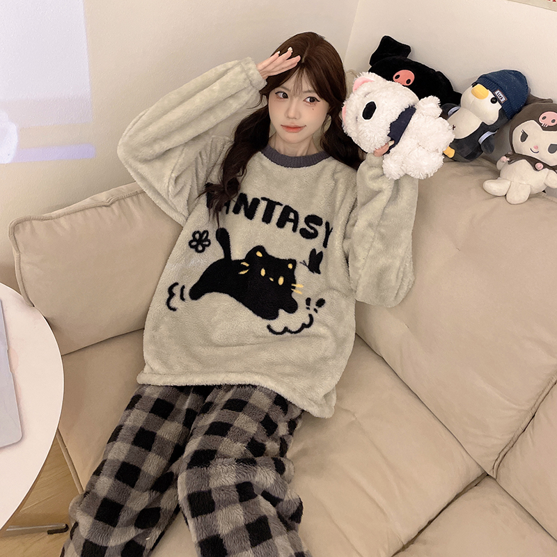 冬季睡衣女新款家居服套装网红毛绒卡通保暖甜美加绒加厚可外穿