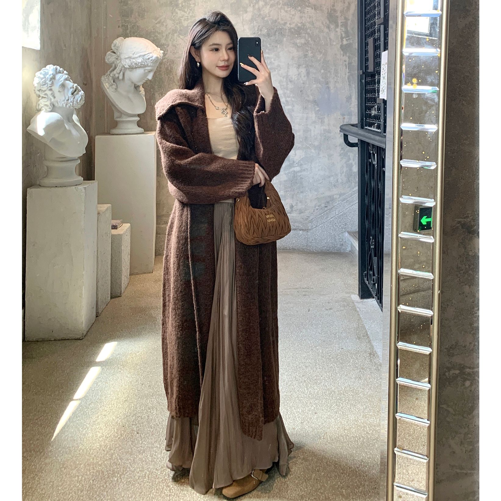 法式慵懒高级感长款翻领针织开衫女秋冬新款宽松显瘦浴袍毛衣外套