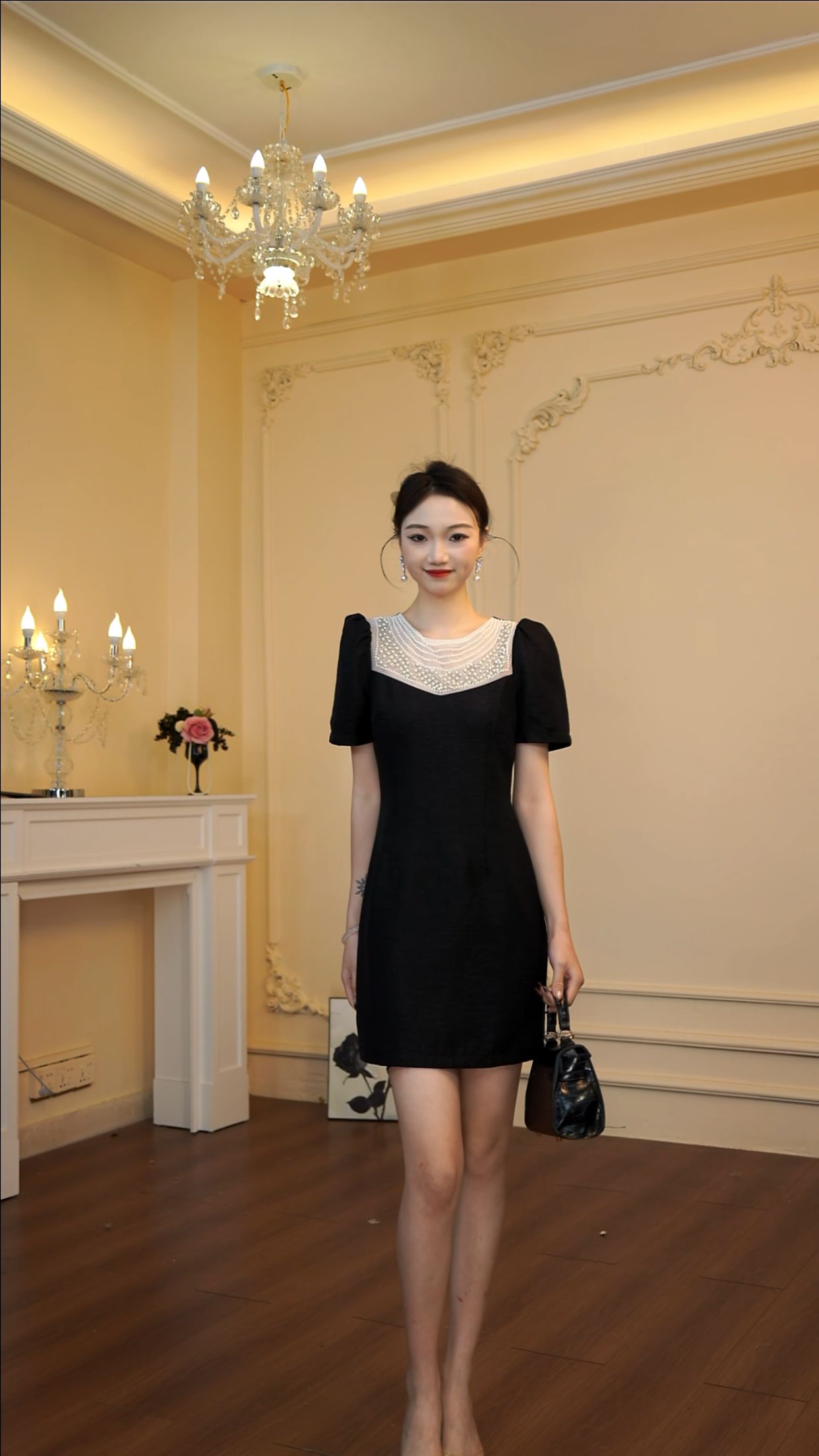 修身纯色蕾丝复古通勤裙子旗袍黑色女装拉链法式夏季连衣裙9034