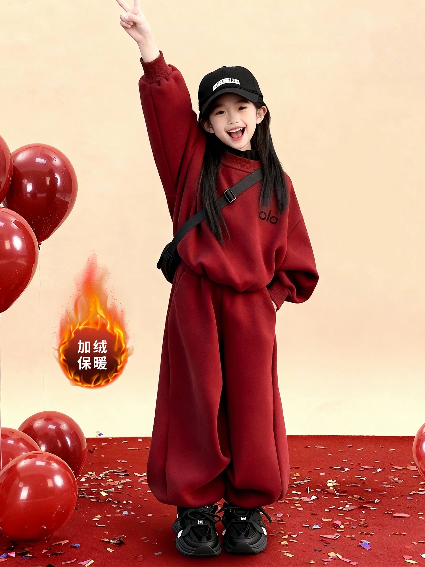 女童拜年服加绒套装2026新款大童女孩洋气时髦红色本命年新年衣服