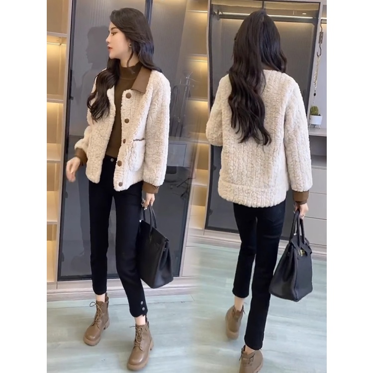 拉夏贝尔时尚羊羔毛短外套女2025秋冬皮毛一体小个子洋气保暖上衣