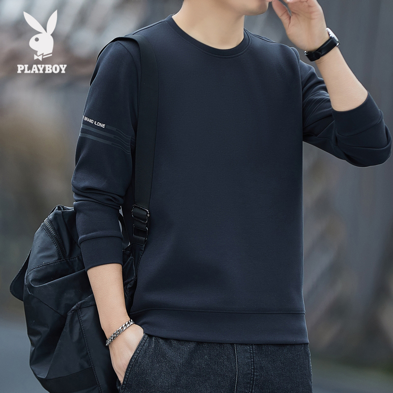 花花公子男士春秋卫衣宽松大码圆领套头弹力运动休闲百搭打底杉