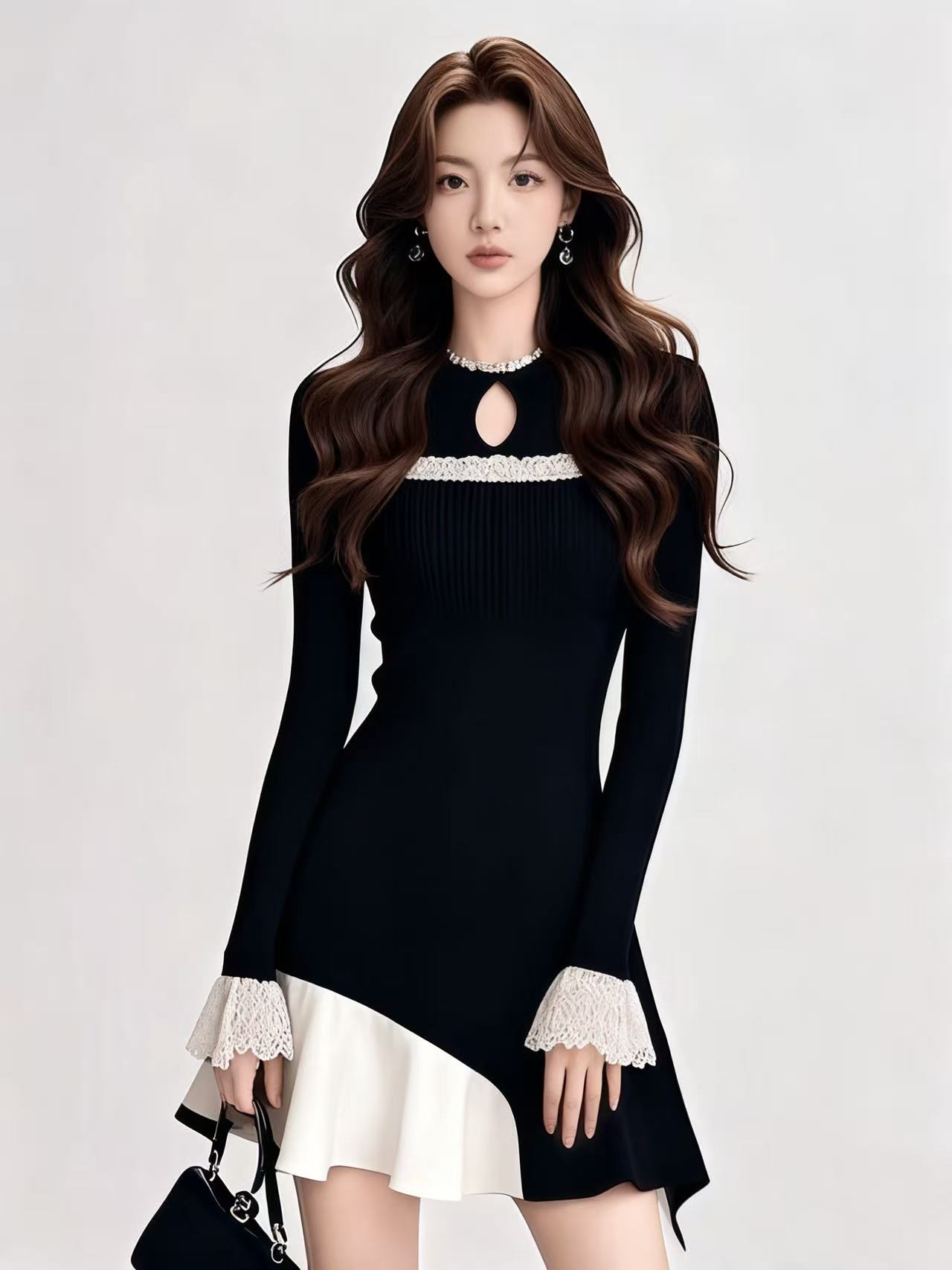 2025冬静奢时尚御姐风显瘦针织A字裙黑色圆领长袖修身高腰连衣裙