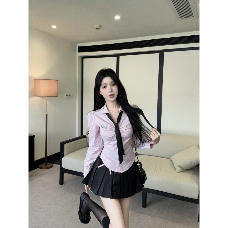 纯欲学院风修身领带褶皱长袖衬衫+高腰黑色百褶裙jk制服套装秋冬