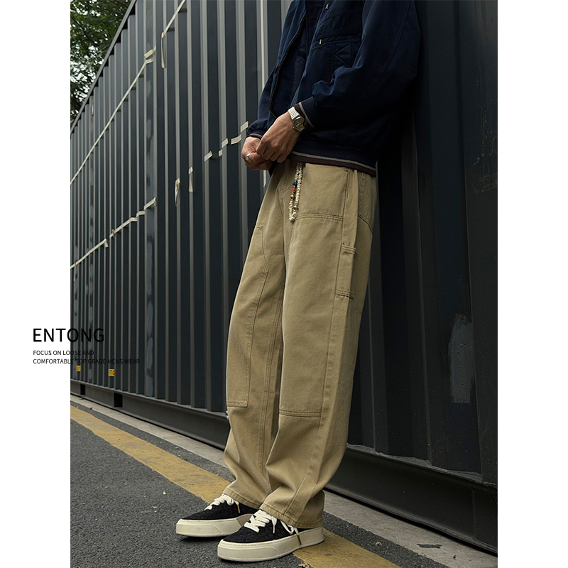 Entong美式cleanfit复古废土风工装牛仔裤男款宽松直筒伐木裤子