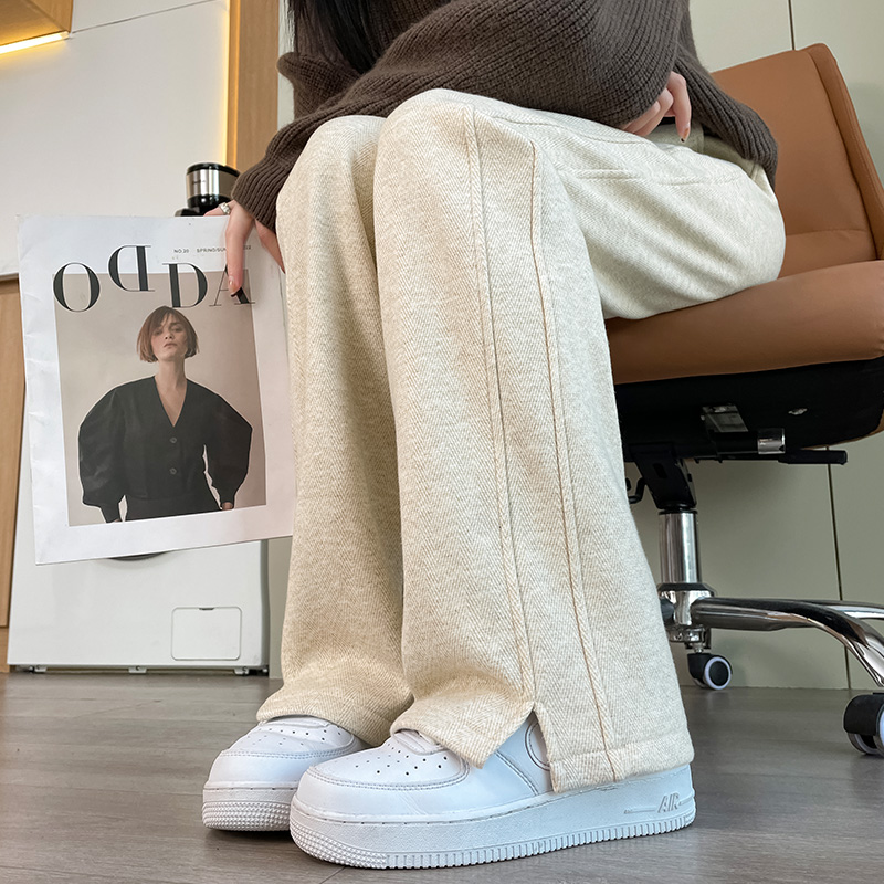 2025新款人字纹毛呢开叉香蕉阔腿裤女秋冬季九分大码直筒休闲裤女