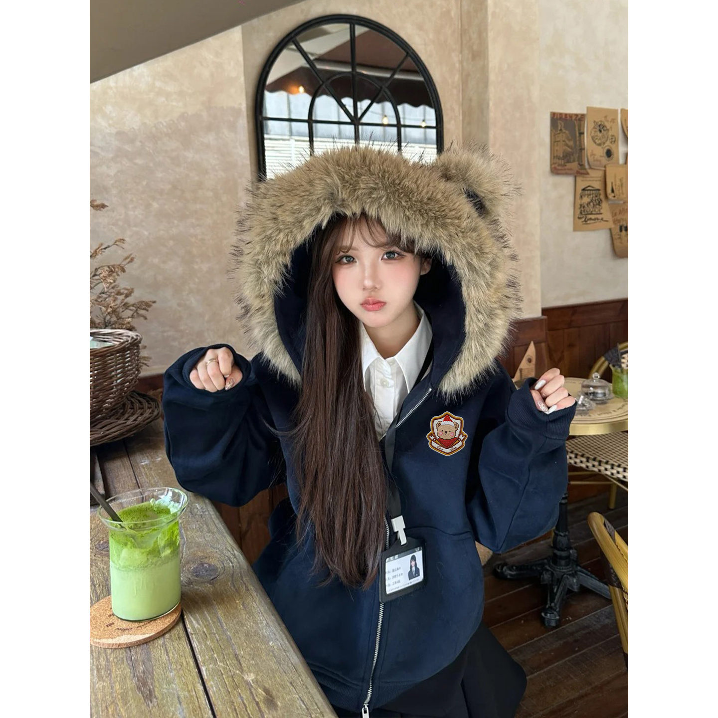 YWBY【抖音双11】刺绣毛领开衫外套秋冬休闲连帽卫衣宽松慵懒上衣