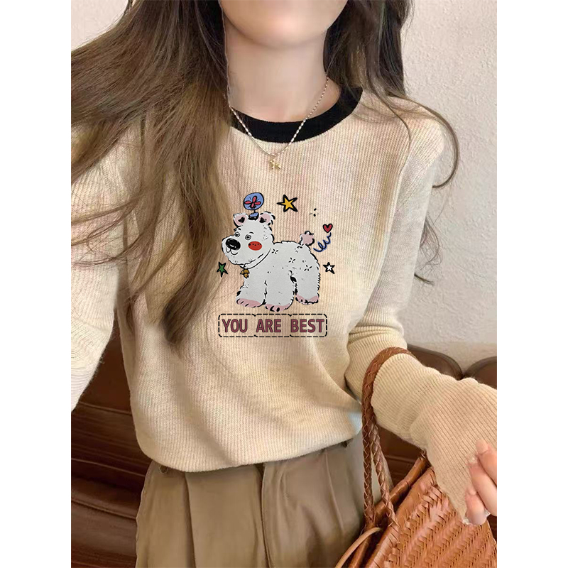杏色圆领长袖T恤女2025早秋穿搭设计感撞色棉质印花正肩上衣