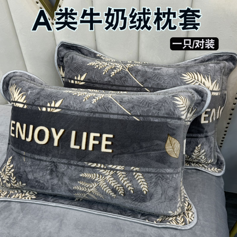 冬天加绒牛奶绒枕套一对装冬季加厚珊瑚绒枕头套枕芯罩48cmx74cm2