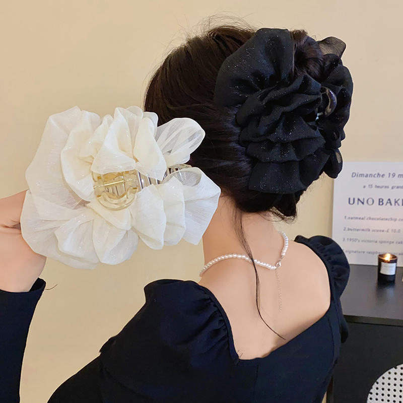 褶皱网纱蝴蝶结发夹抓夹女后脑勺盘发鲨鱼夹简约百搭大号发饰