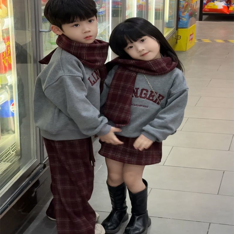 儿童过年服套装秋冬男童格子长裤女童洋气小公主红色加绒卫衣裙子
