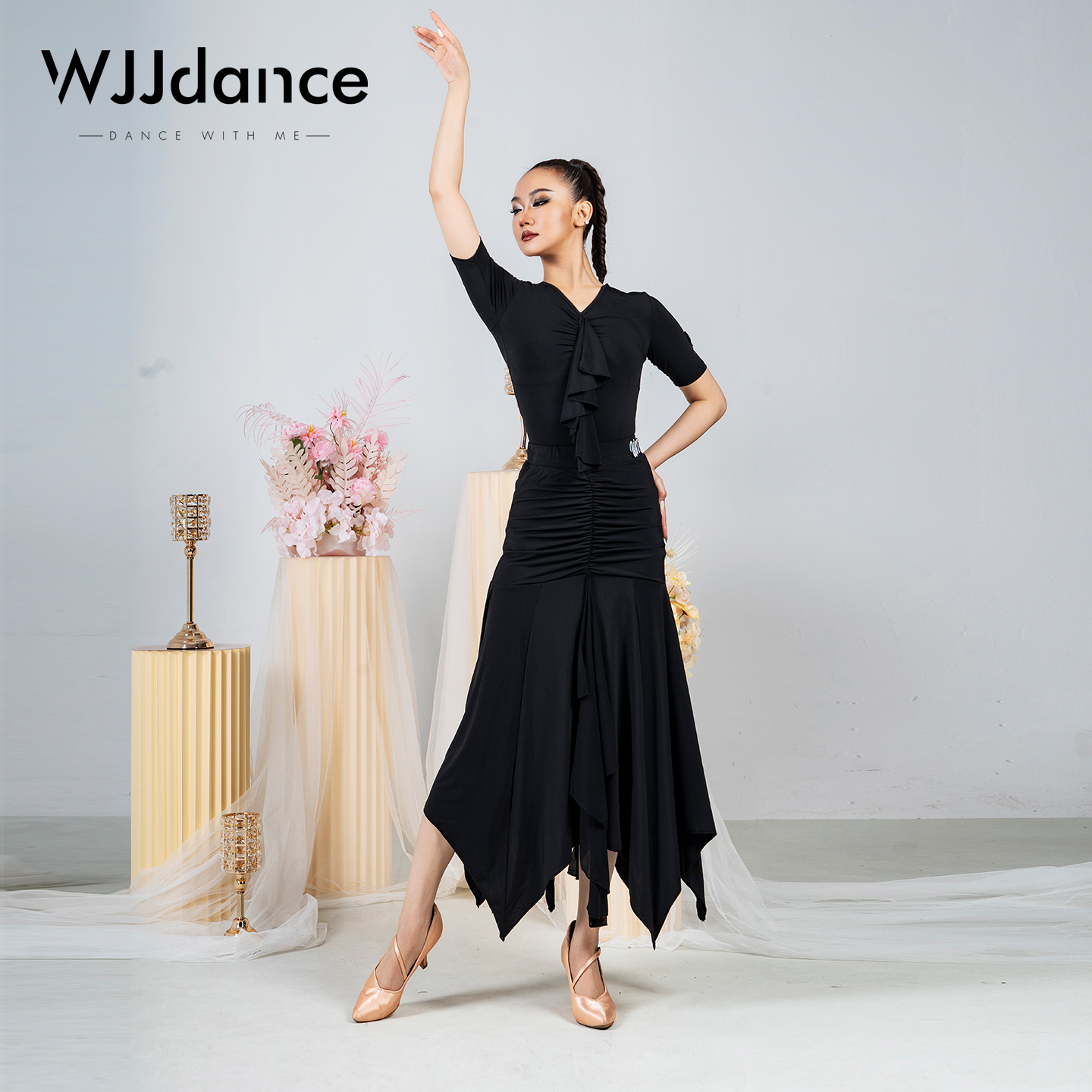 WJJdance摩登舞半身裙女2025新款抽褶飘带不规则荷叶边国标舞长裙