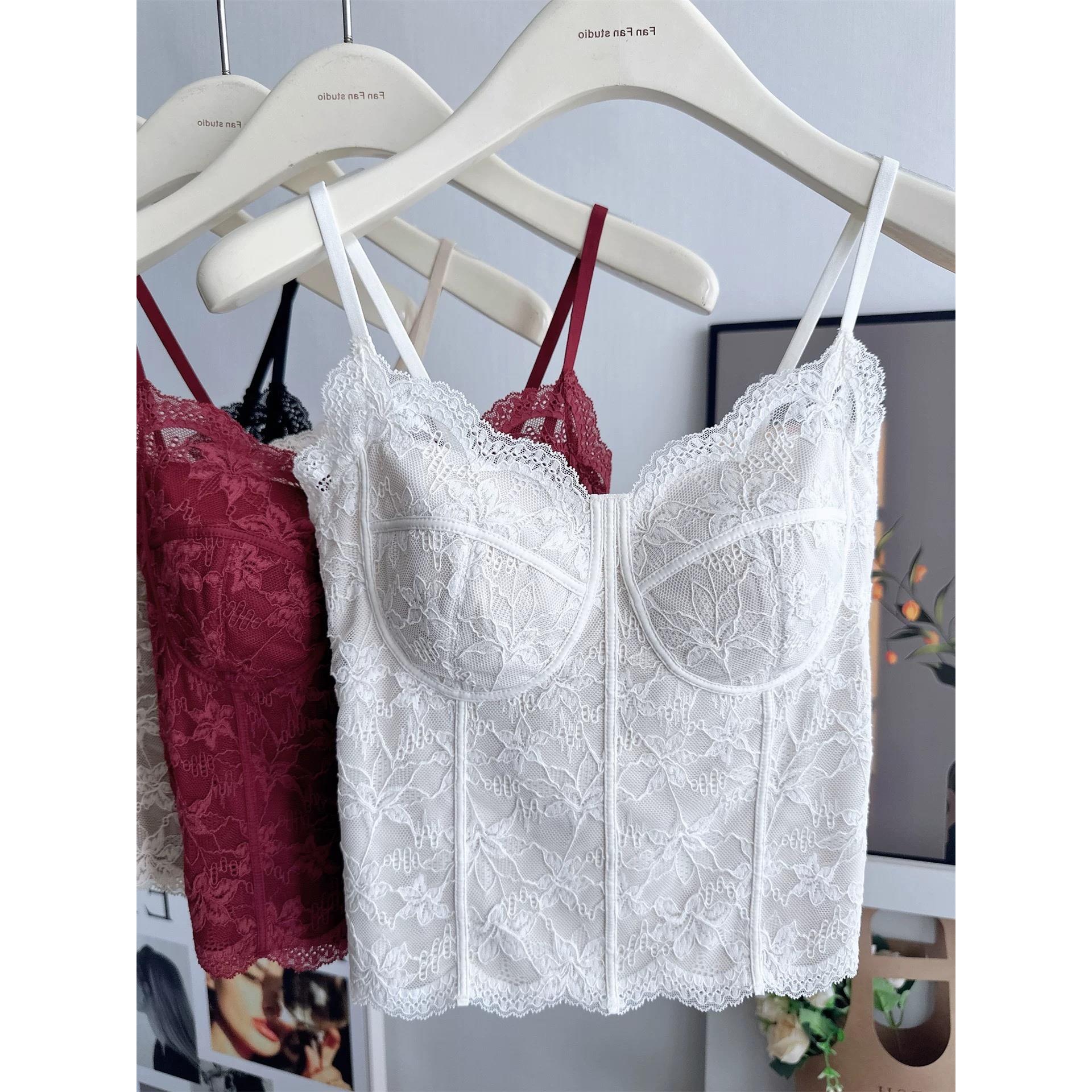 维多利亚秋冬磨毛法式蕾丝纯欲吊带美背一体杯免穿文胸背心女修身