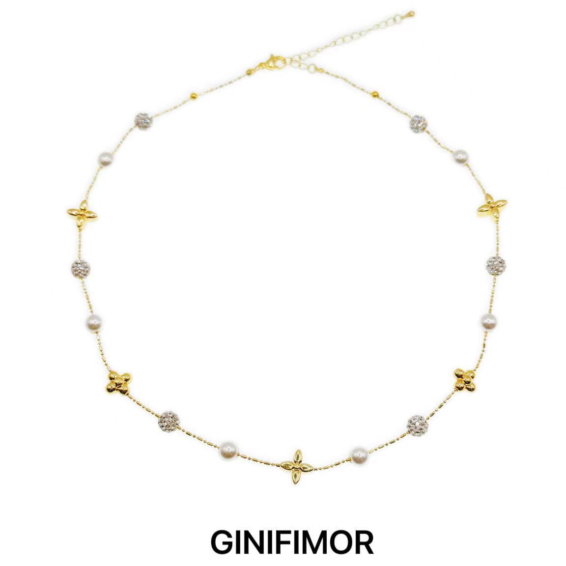 GINIFIMOR 铜合金仿珍珠项链 a705 爆闪满天星四叶花珠珠项链