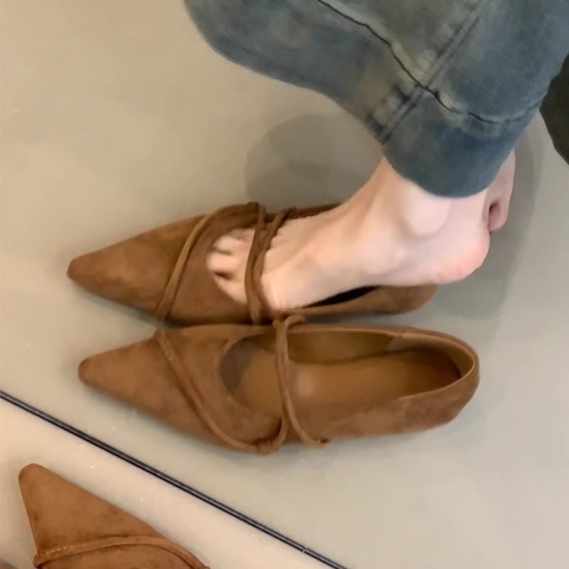 韩版单鞋女2025新款春秋尖头细带浅口时尚百搭内增高晚晚风平底鞋