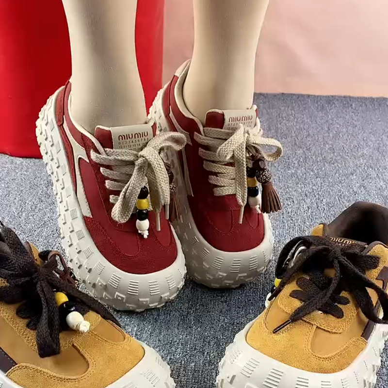 真皮运动鞋女2025春秋新款牛皮圆头厚底系带女鞋休闲鞋潮流板鞋子