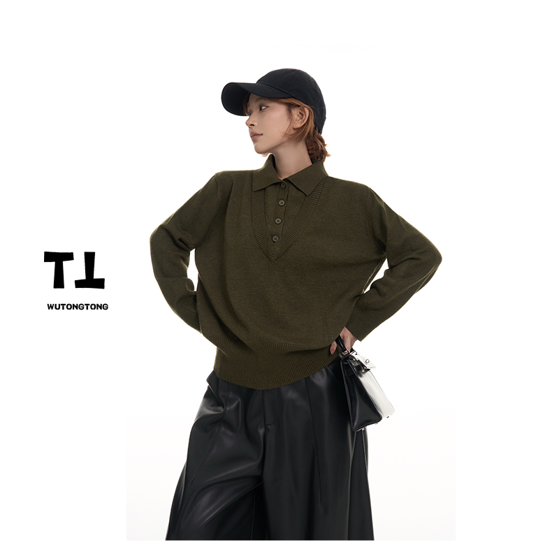 现货【布里玩偶】秋季假两件长袖毛衣女韩版纯色休闲针织衫62688