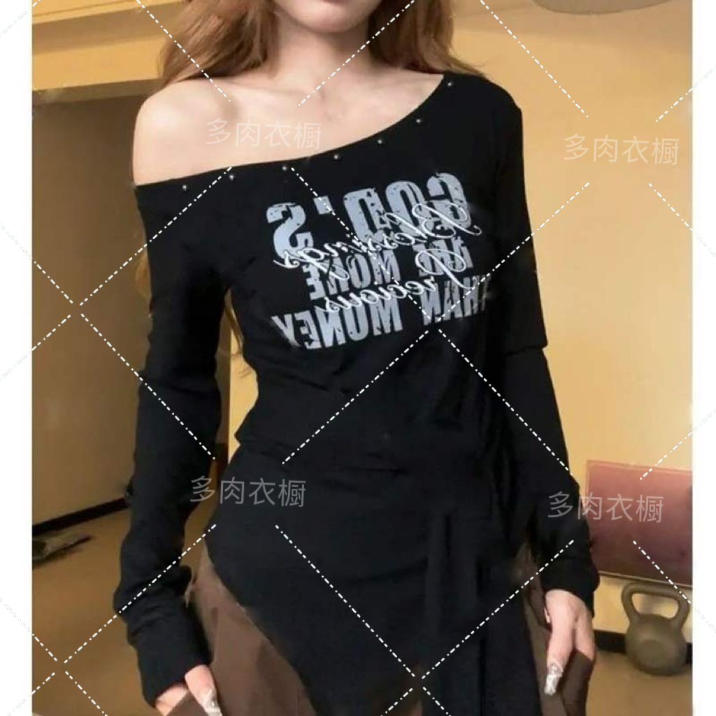 大码胖MM新款气质露肩性感印花绑带长袖上衣女时尚百搭修身