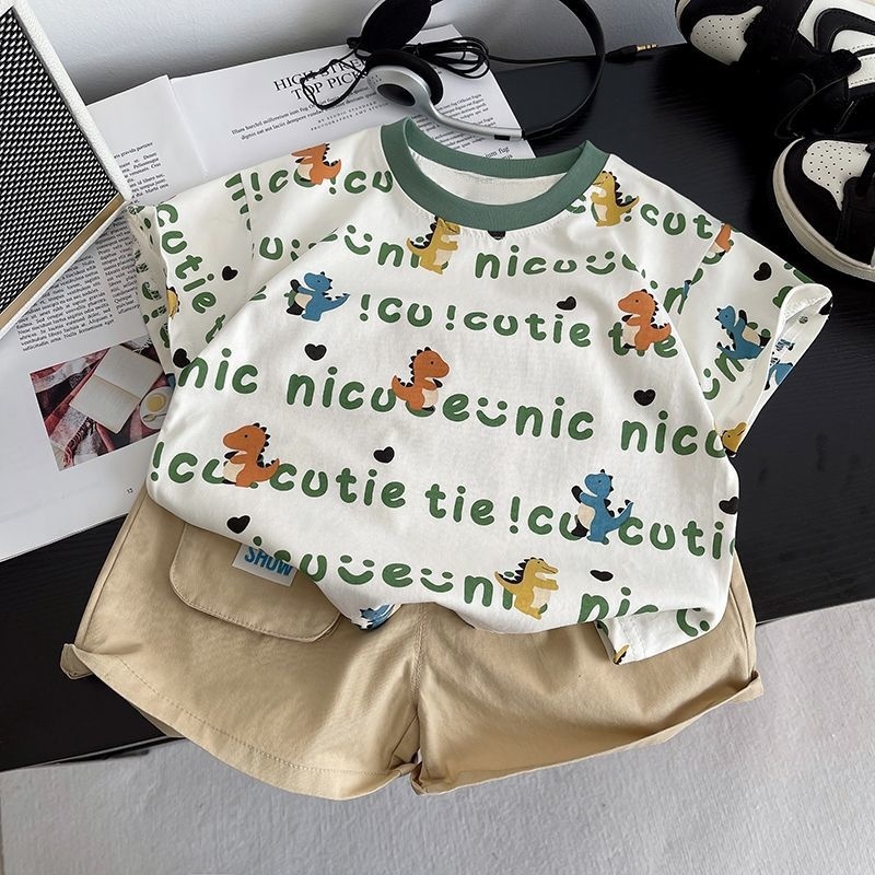 超萌恐龙~儿童夏季薄款纯棉满印短袖T恤男童女童圆领套头半袖上衣