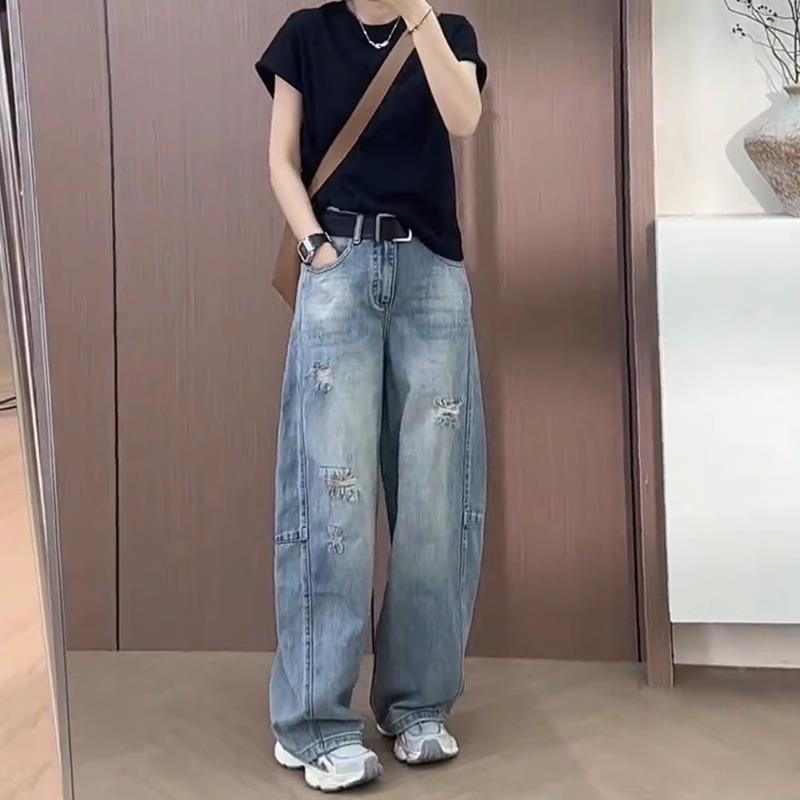 大码破洞阔腿牛仔裤女2025新款夏季薄款胖mm显瘦宽松直筒弯刀裤子