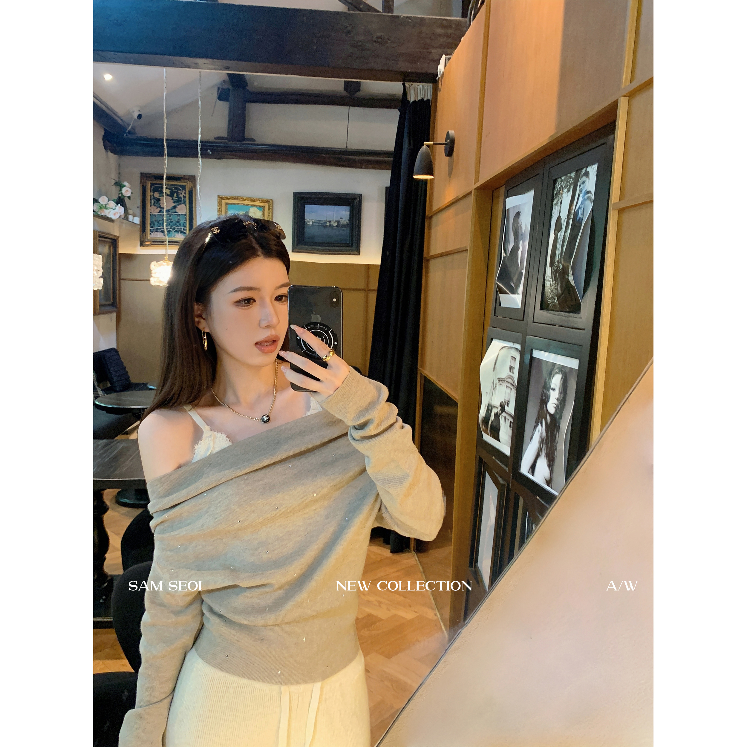 Sam Seoi大樊 秋冬磨毛蕾丝睫毛吊带背心女带胸垫修身内搭打底