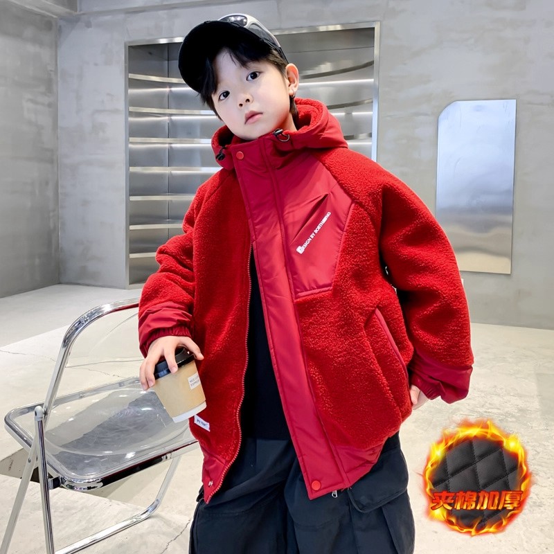 男童夹棉外套秋冬款2025新款年服冬季加厚羊羔绒儿童装红色毛毛衣