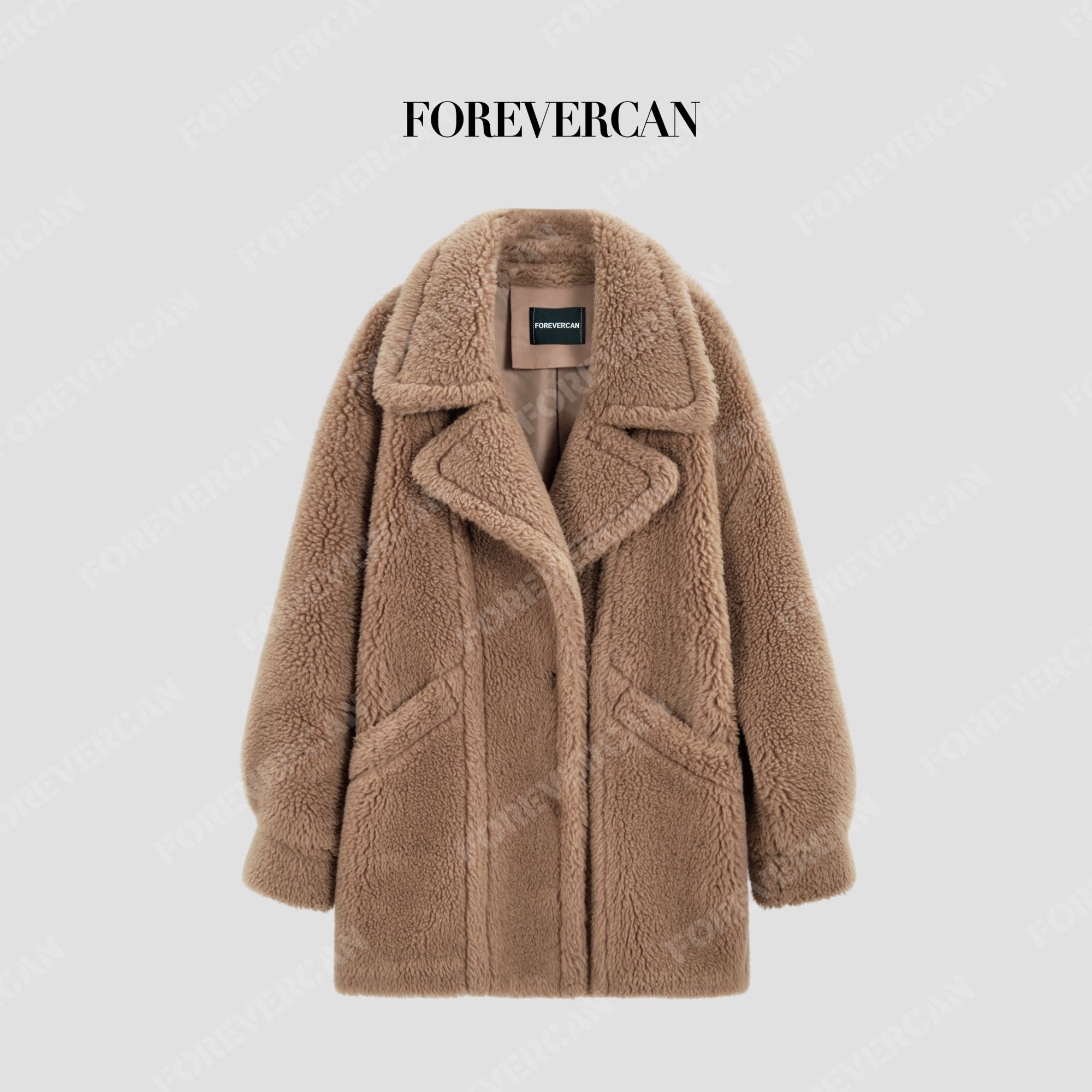 FOREVERCAN“帕丁顿熊”经典Teddy翻领骆驼绒蚕丝羊毛外套SC22420