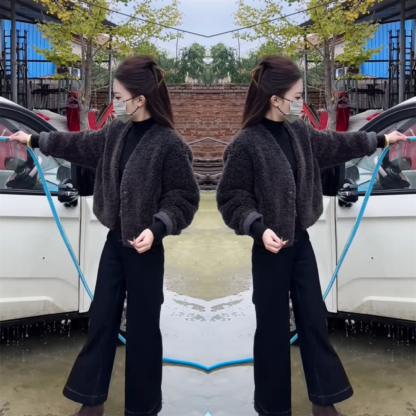 高雅上衣2025冬新款短款女皮毛一体宽松显瘦保暖时尚名媛风外套